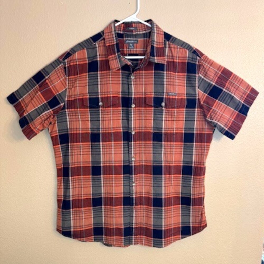 Eddie Bauer Mens Classic Fit Orange Plaid Short Sleeve Shirt EUC Size XL 1076